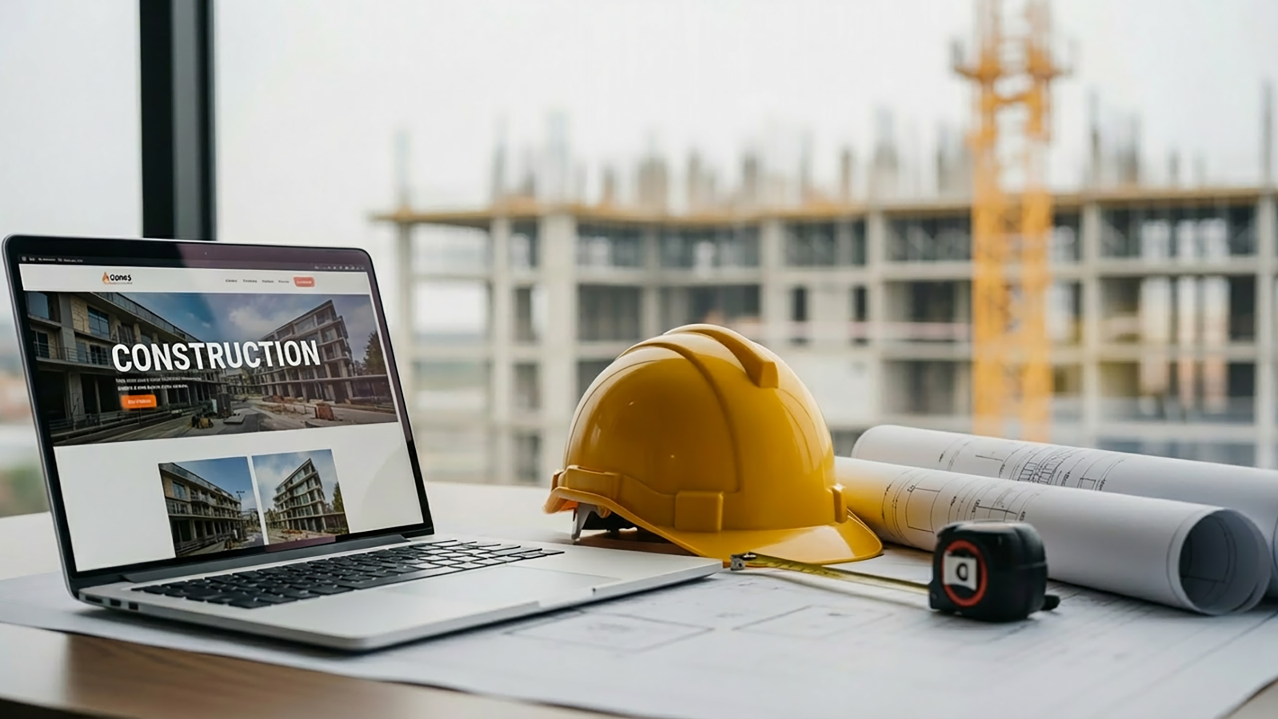 建設現場の事務所でノートパソコンが置かれている写真