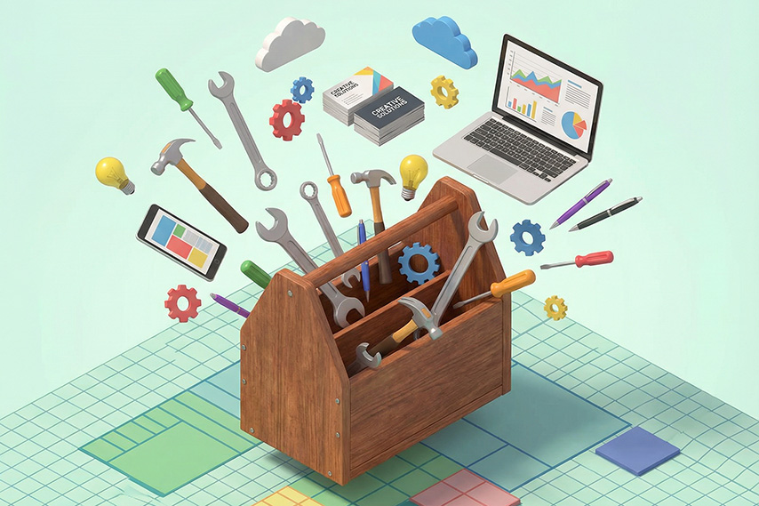 工具箱からさまざまな機能が飛び出してくる様子